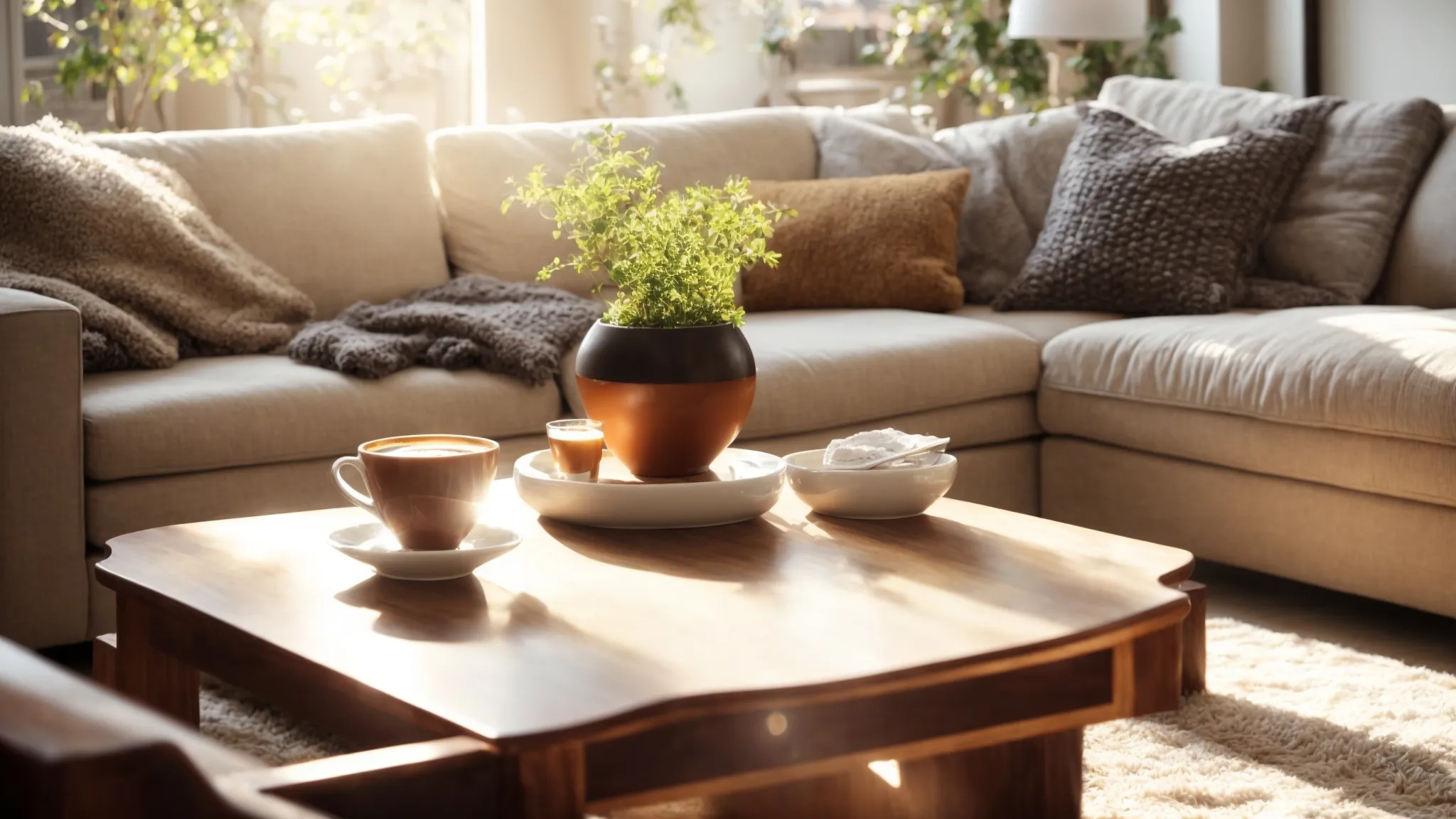 a sparkling clean living room with sunlight streaming through the windows, showcasing a tidy sofa and a spotless coffee table.
