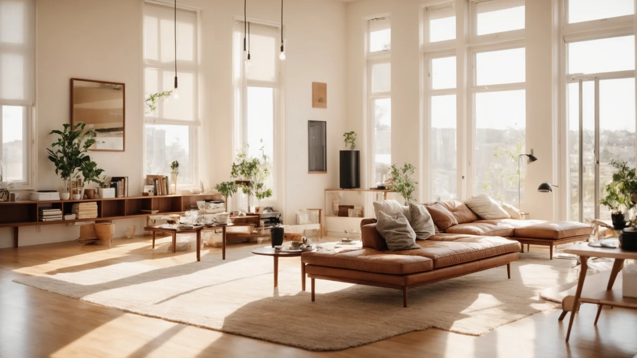 a spotless living room with gleaming floors and tidy shelves, illuminated by natural sunlight.