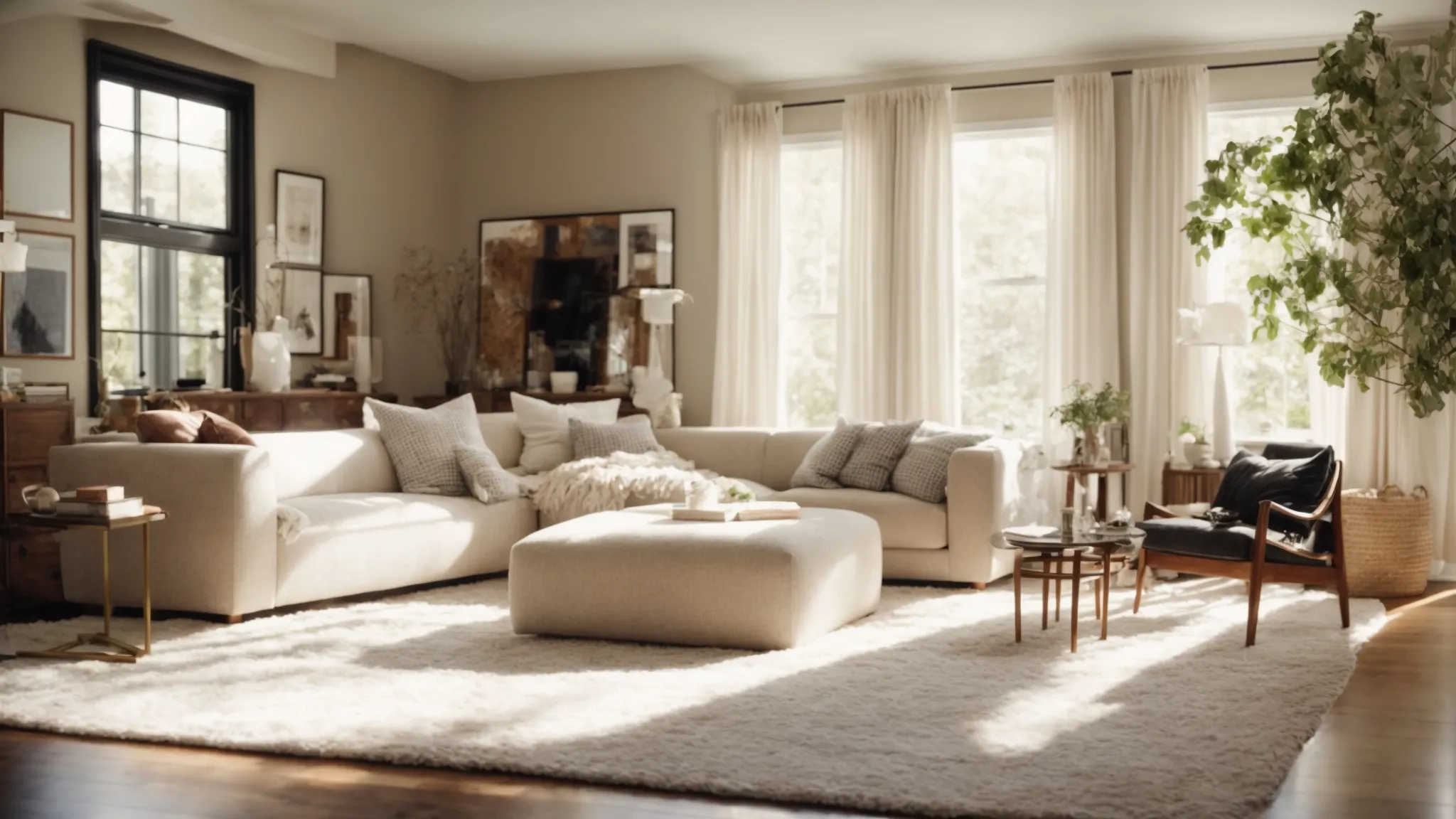 a clean and well-organized living room bathed in sunlight, with sparkling surfaces and fluffed pillows, in a brighton, ny home.