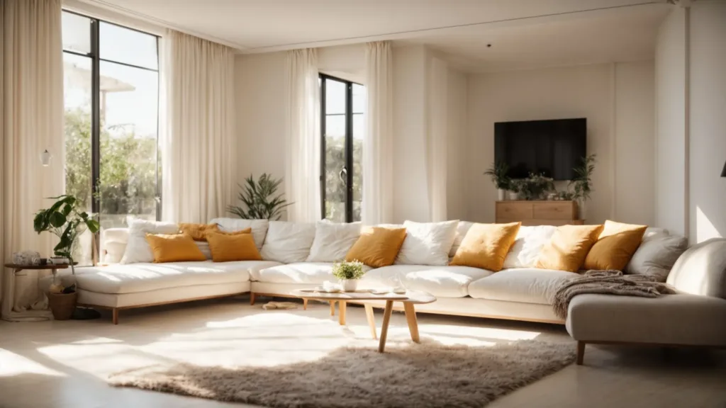 a spotless living room with gleaming floors and fluffed-up cushions, radiating cleanliness in a sunlight-bathed home.