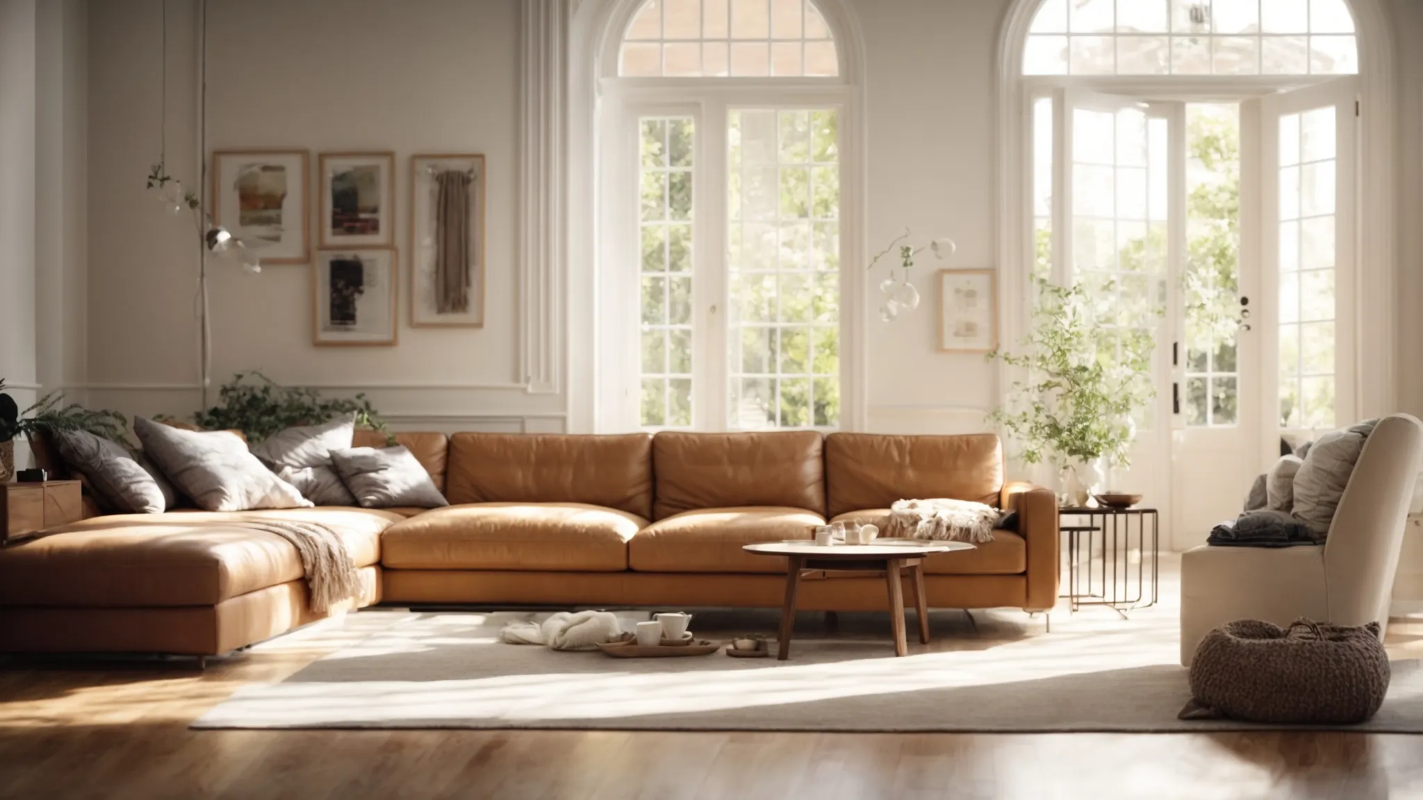 a sparkling clean living room with sunlight streaming in, showcasing a tidy sofa and spotless floors.