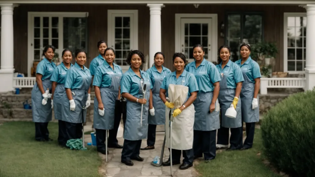 a team of professional cleaners in uniform, equipped with cleaning supplies, stands ready in front of a sparkling, well-maintained home in greece, ny.